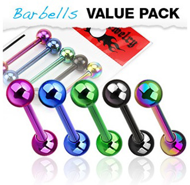 5 Pack of Titanium Anodised Tongue Bar Barbells